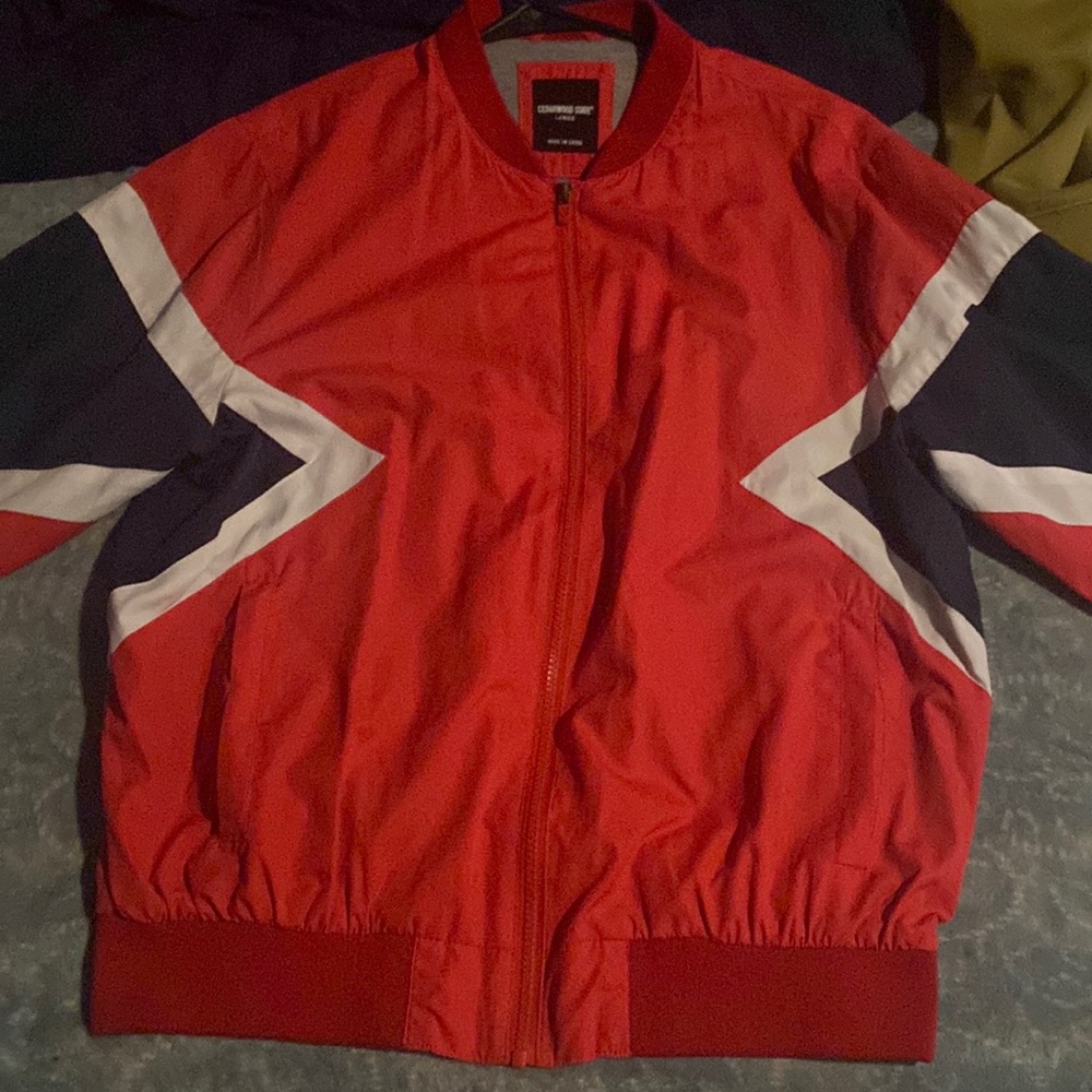 Large red black and white wind breaker